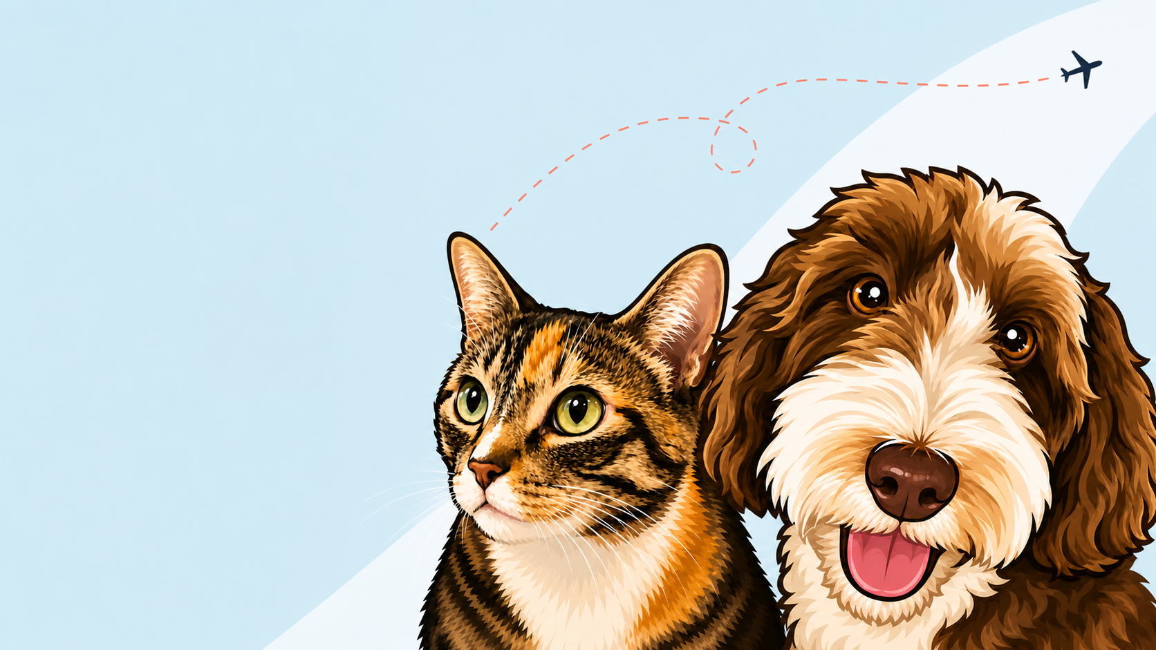 Pearl the cat and Hopper the dog with a playful aviation route